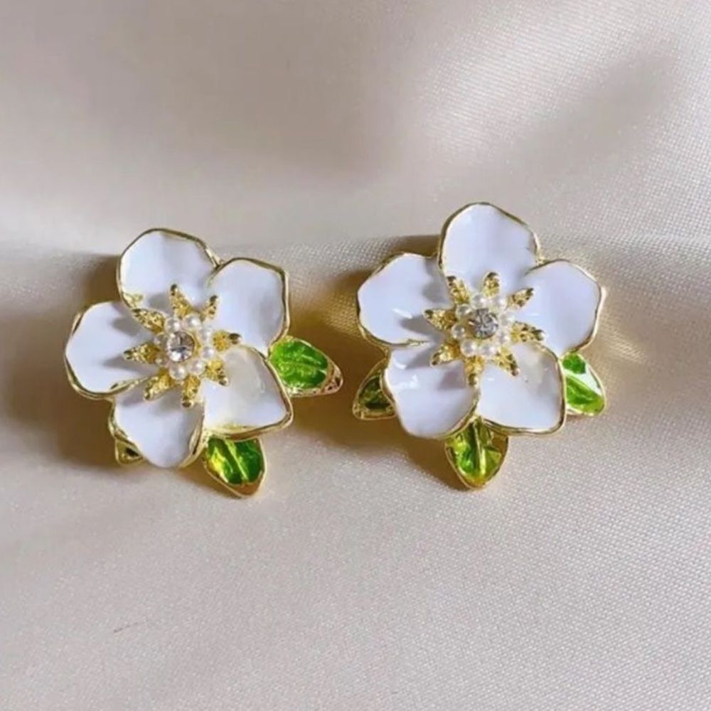 Anthropologie Gold and White Floral Earrings